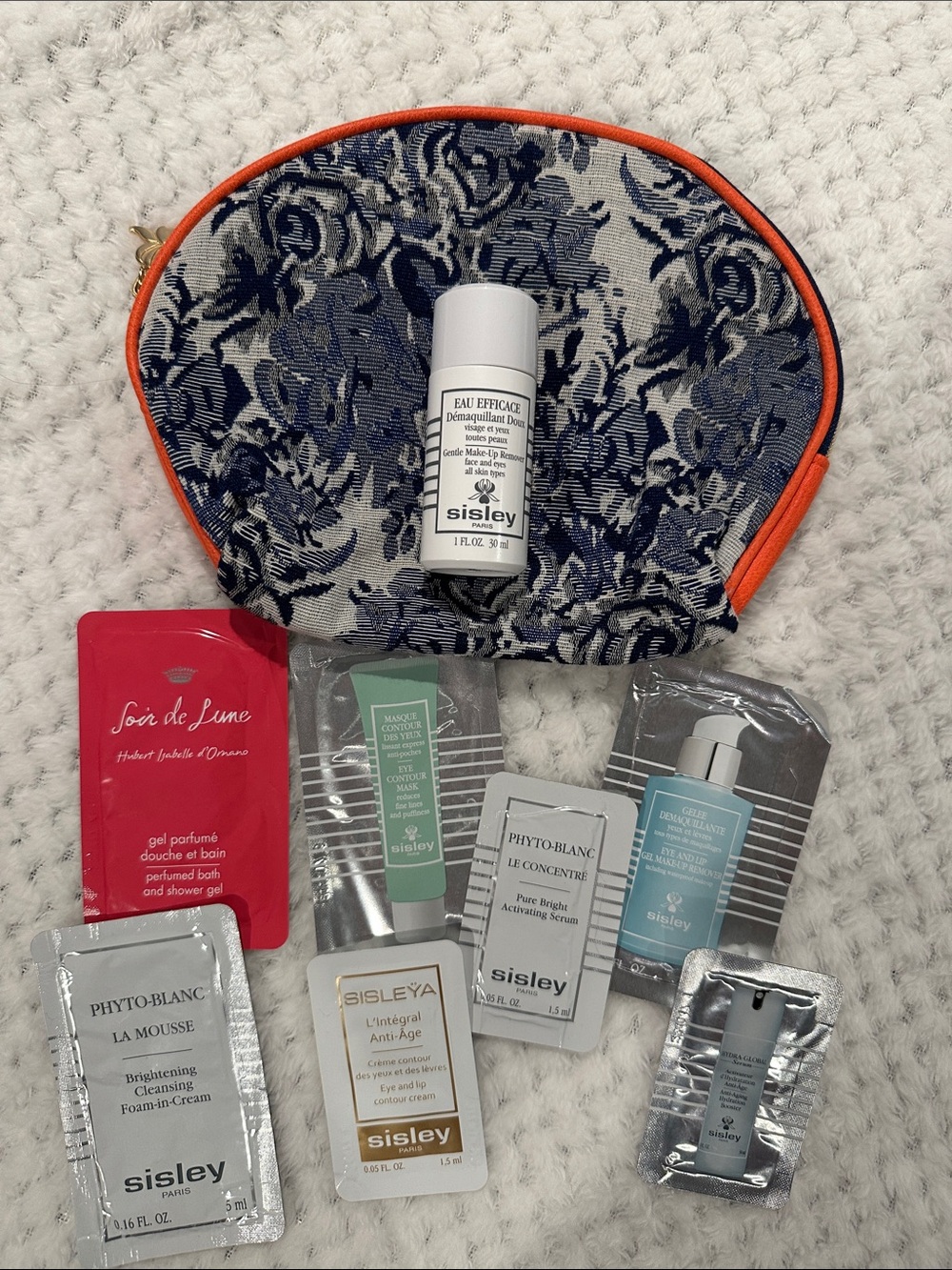 Sisley-Paris Navy Floral Pouch with Orange Trim and Sample Micellar Water
